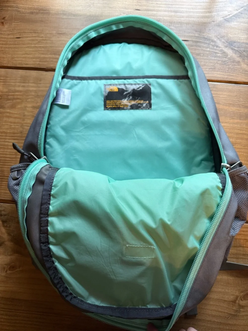The North Face Gray Backpack with Mint Trim